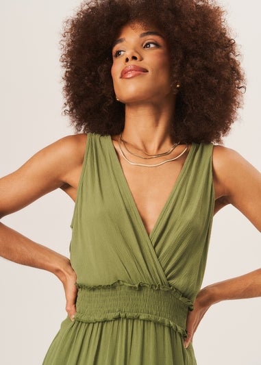 Gini London Khaki Shirred Waist Wrap Tiered Midi Dress