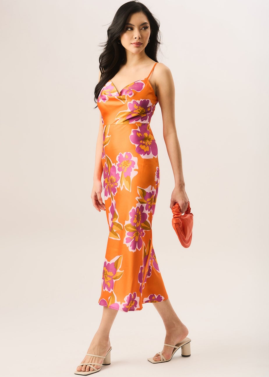 Gini London Orange Floral Print Cowl Neck Slip Midi Dress