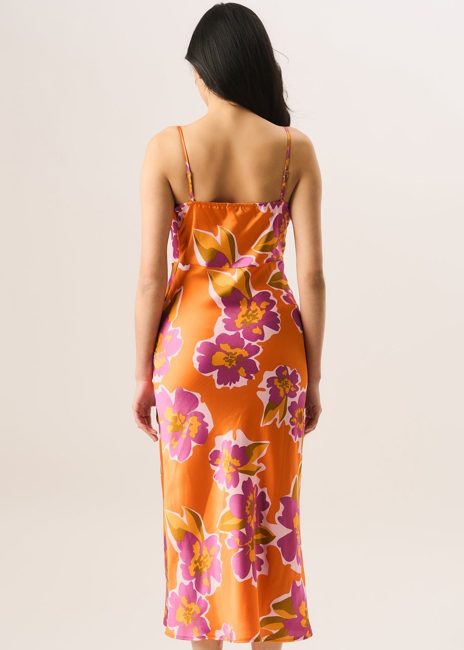 Gini London Orange Floral Print Cowl Neck Slip Midi Dress