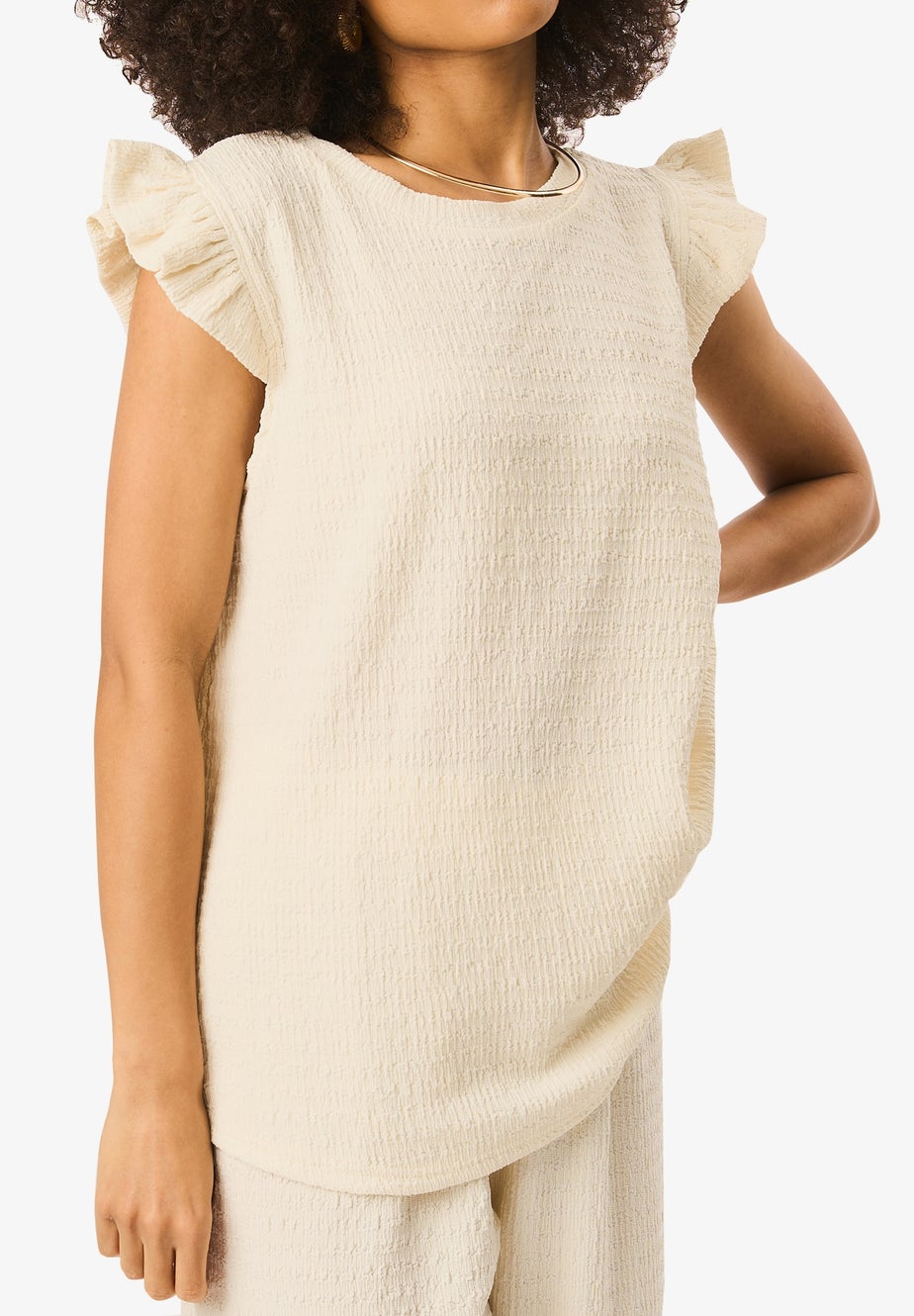 Gini London Ivory Frill Sleeves Textured Oversized Top