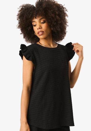 Gini London Black Frill Sleeves Textured Oversized Top