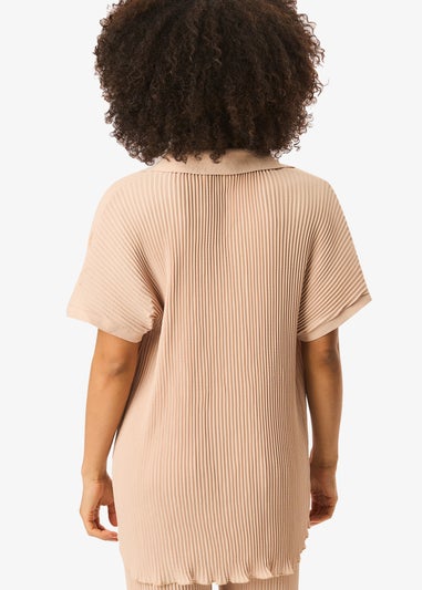 Gini London Beige Plisse Short Sleeve Oversized Shirt