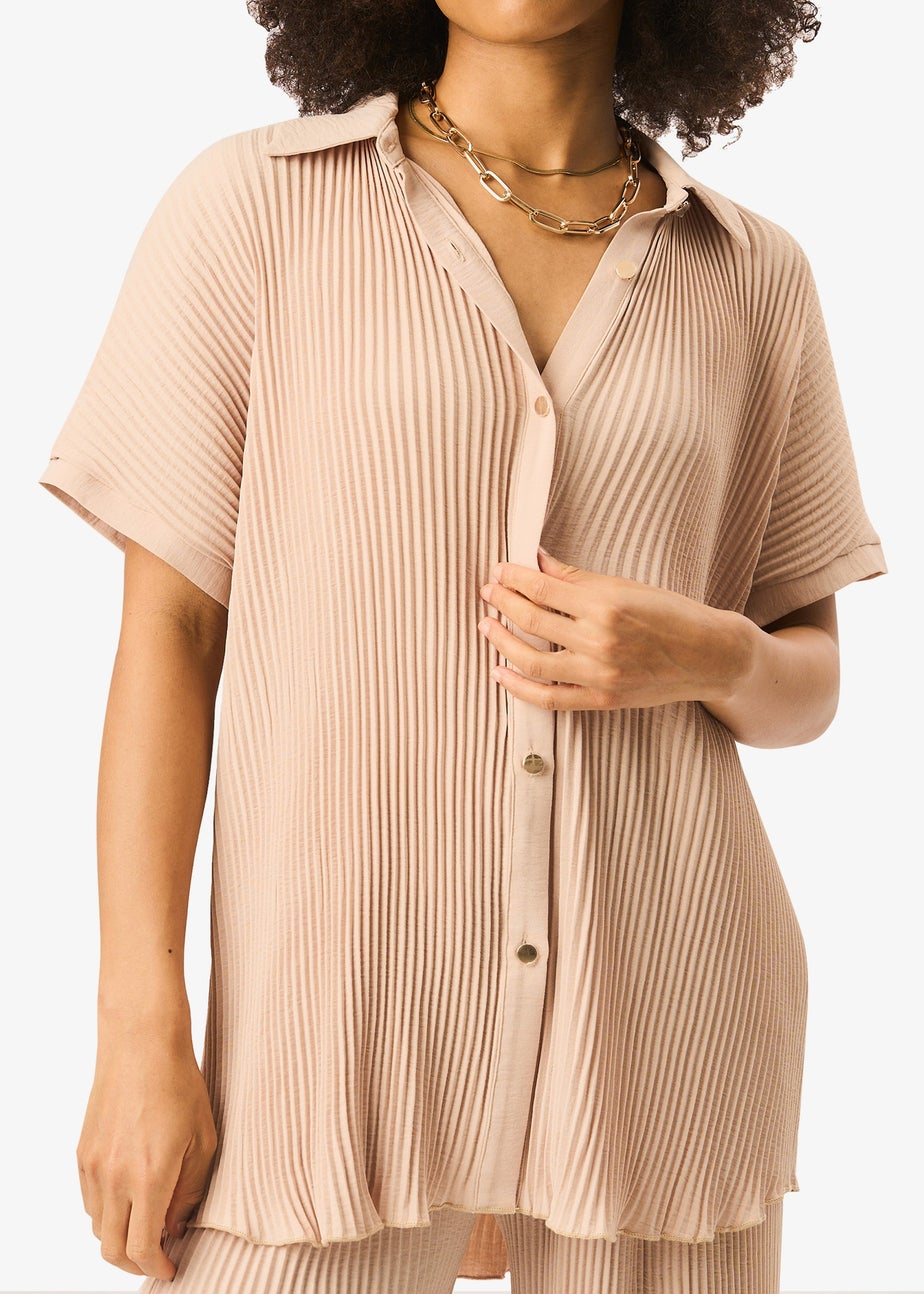 Gini London Beige Plisse Short Sleeve Oversized Shirt