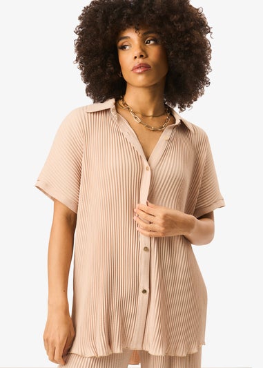 Gini London Beige Plisse Short Sleeve Oversized Shirt