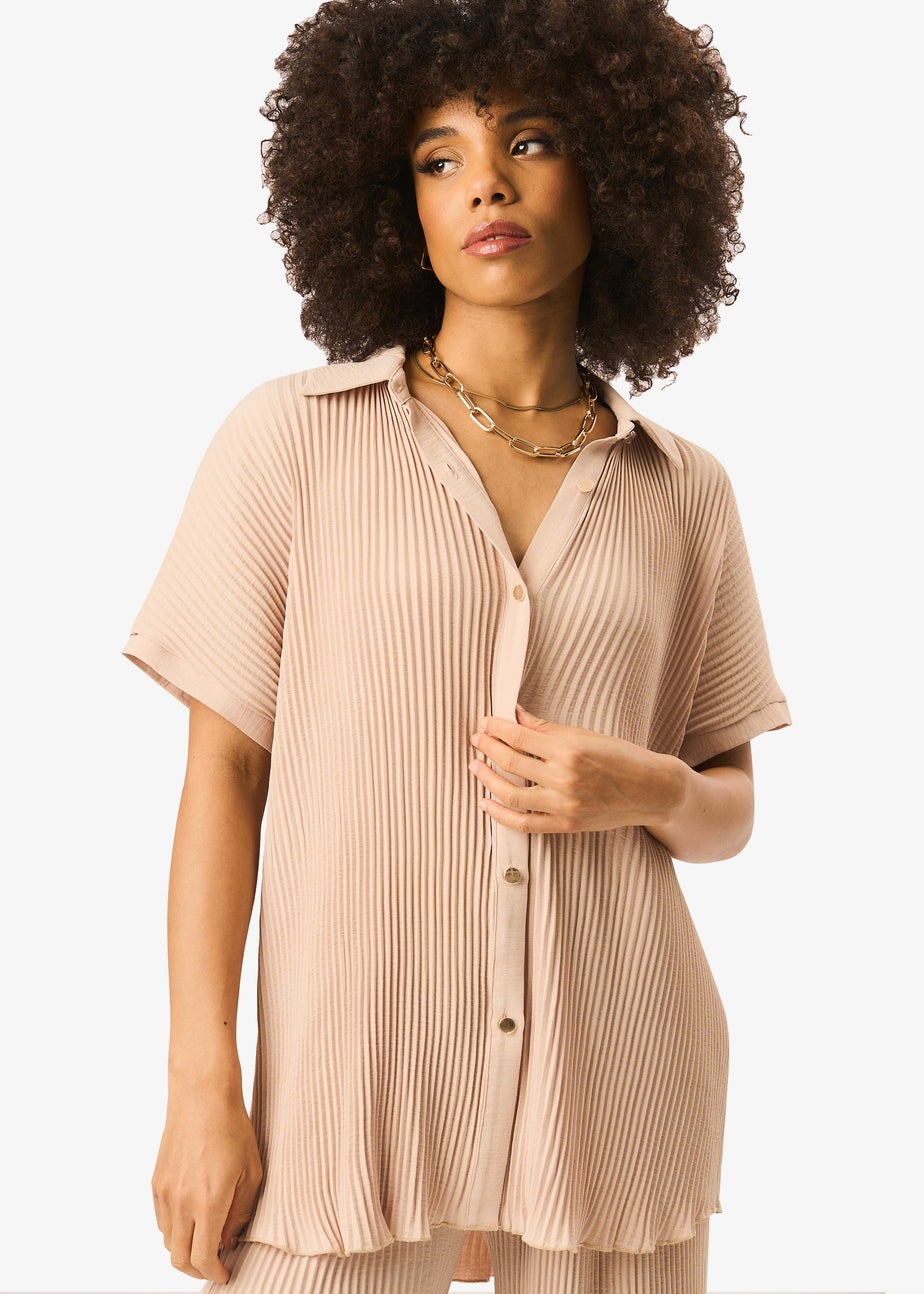 Gini London Beige Plisse Short Sleeve Oversized Shirt