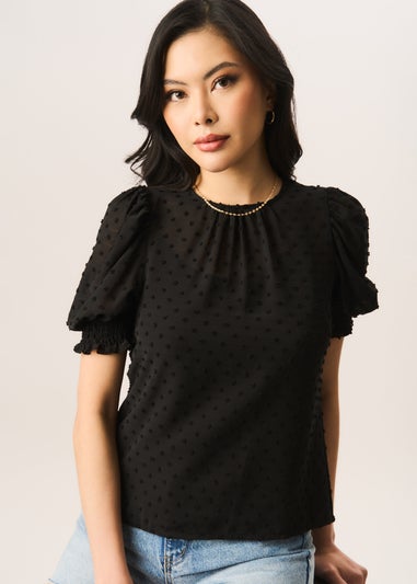 Gini London Black  Dobby Chiffon Shirred Cuff Blouse