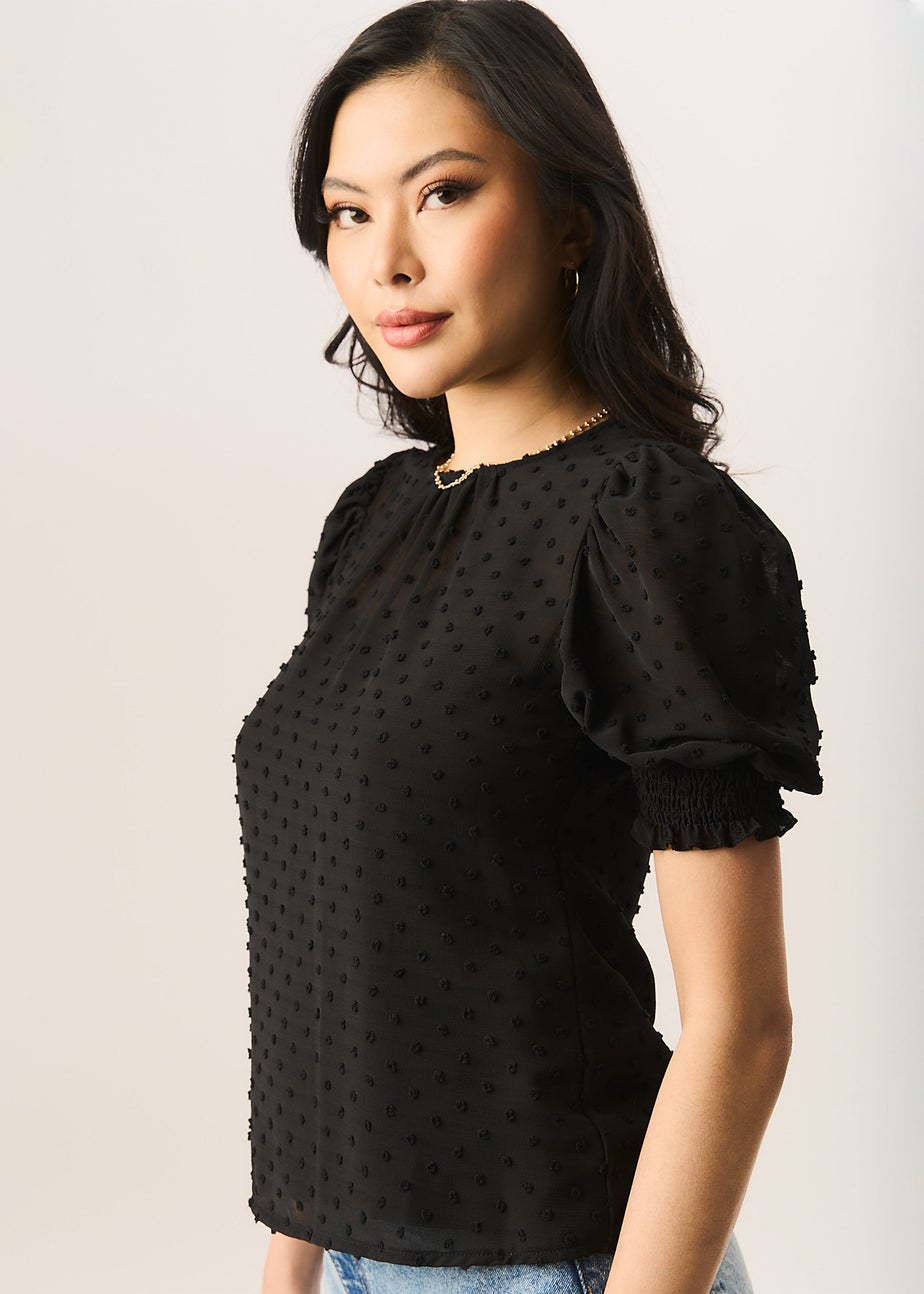 Gini London Black  Dobby Chiffon Shirred Cuff Blouse