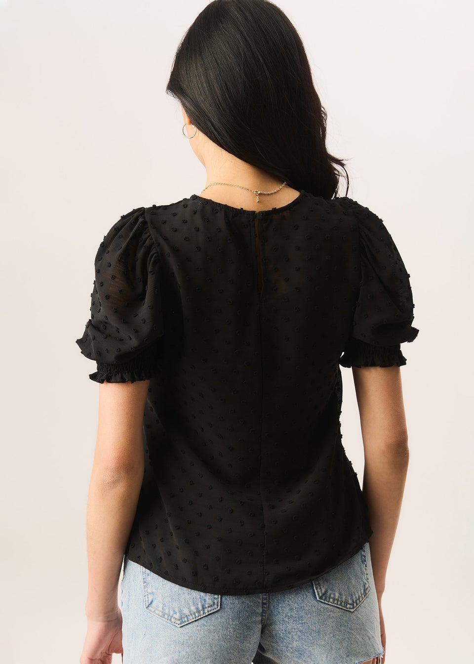 Gini London Black  Dobby Chiffon Shirred Cuff Blouse