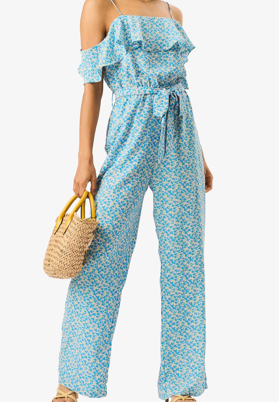 Gini London Blue Ruffle Cold Shoulder Jumpsuit