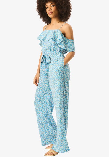 Gini London Blue Ruffle Cold Shoulder Jumpsuit