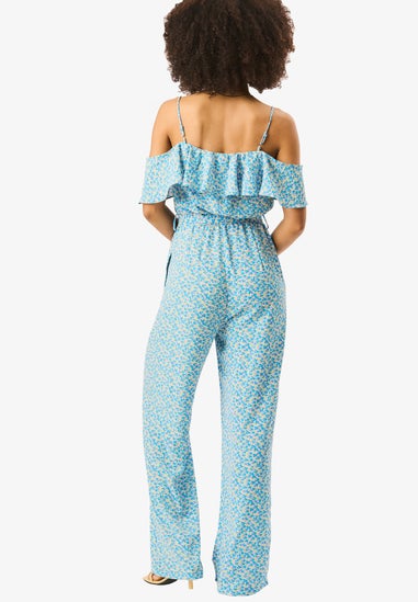Gini London Blue Ruffle Cold Shoulder Jumpsuit