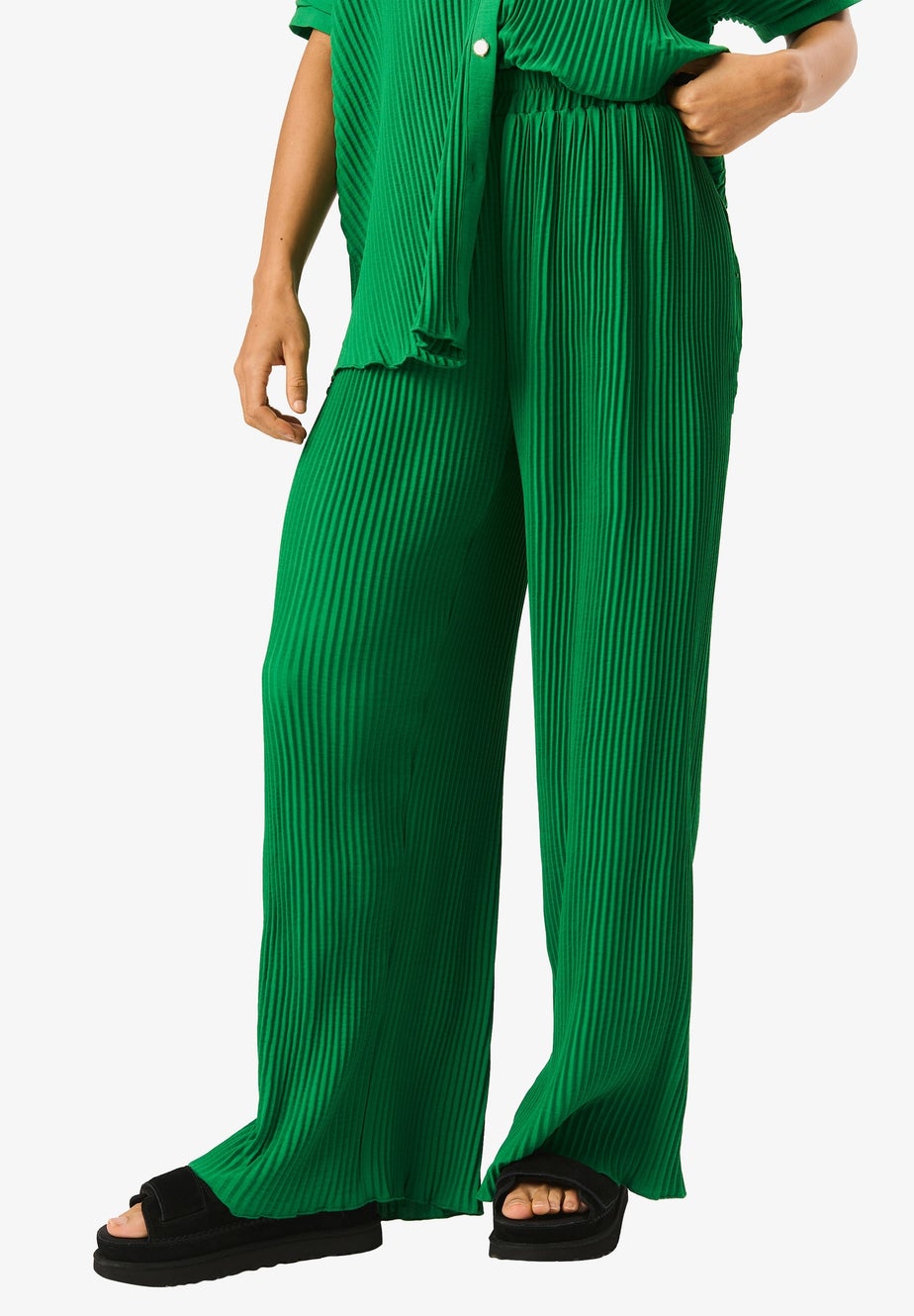 Gini London Green Plisse Loungewear Wide Leg Trousers
