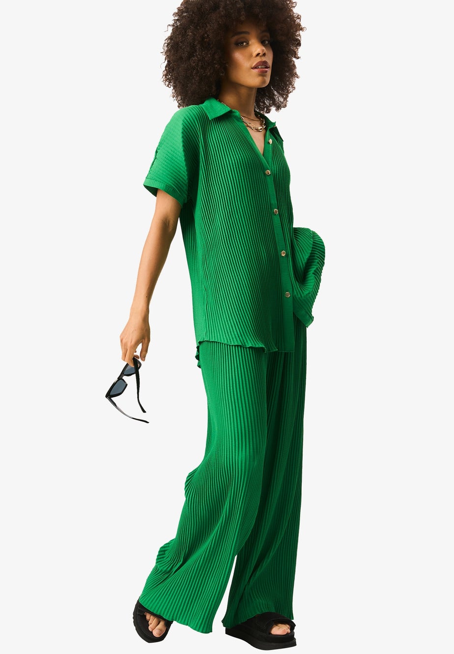 Gini London Green Plisse Loungewear Wide Leg Trousers