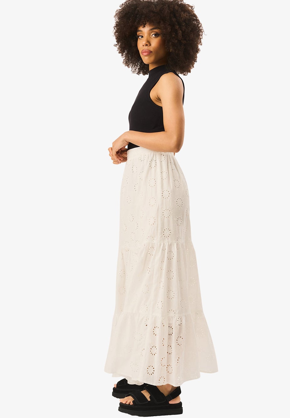 Gini London White Tiered Lace Embroidered Long Skirt