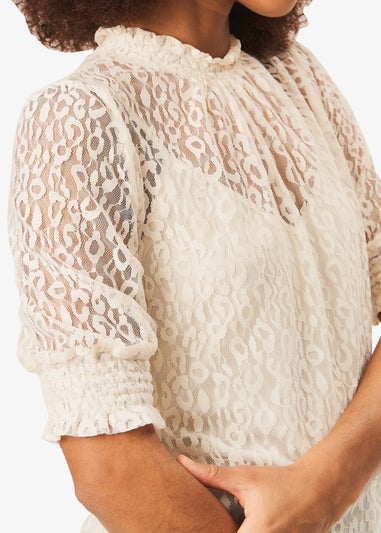Gini London Cream High Neck Lace Loose Fit Blouse