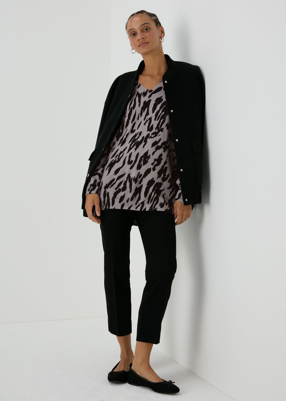 Grey Leopard Print V-Neck Jumper