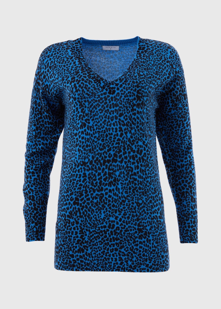 Blue Leopard Print V-Neck Jumper