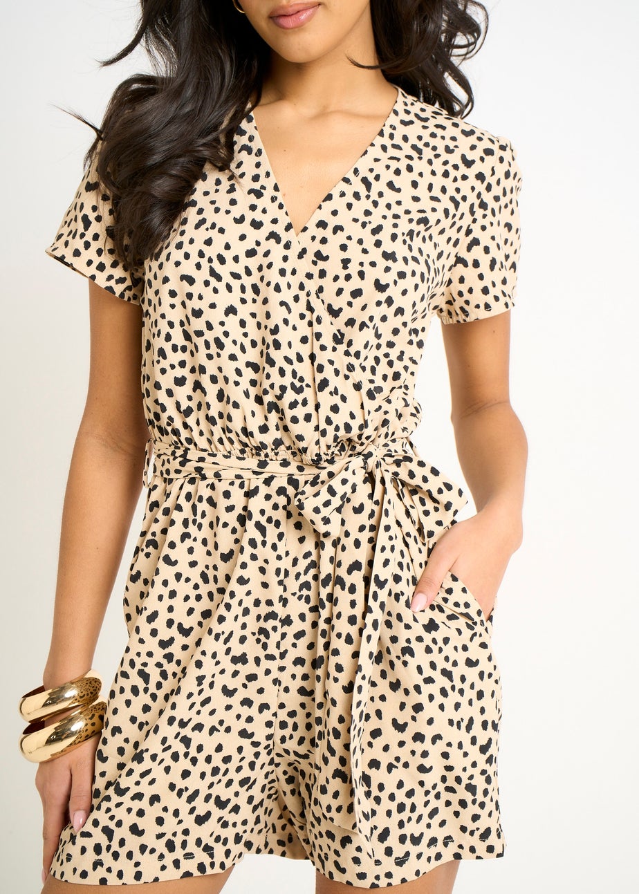 Gini London Beige Animal Print Belted Wrap Playsuit
