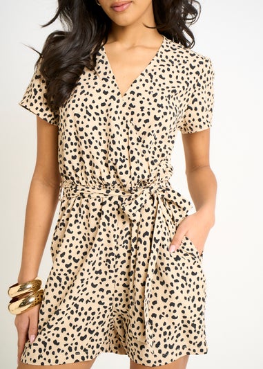 Gini London Beige Animal Print Belted Wrap Playsuit