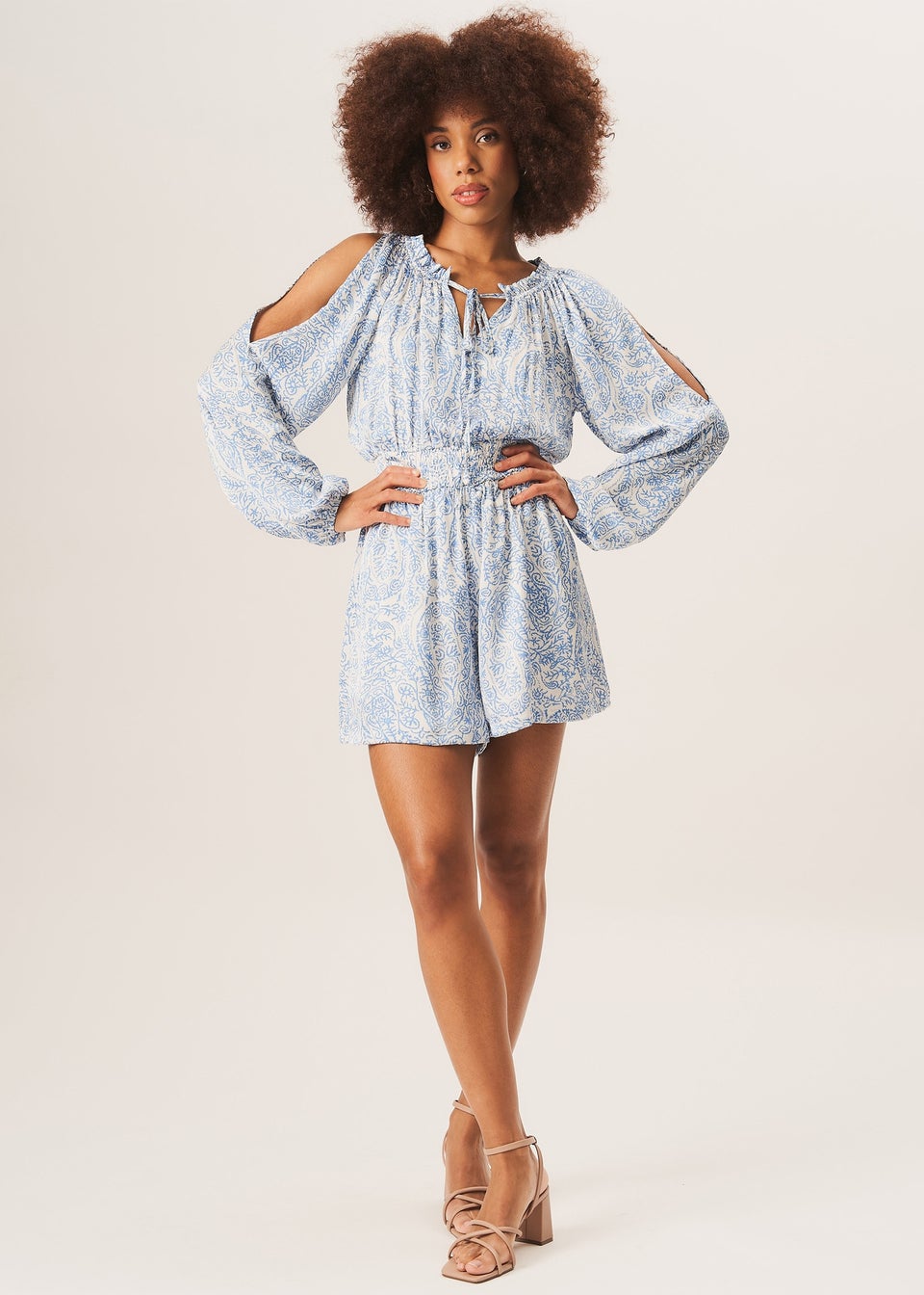 Gini London Ivory Paisley Shirred Waist Playsuit