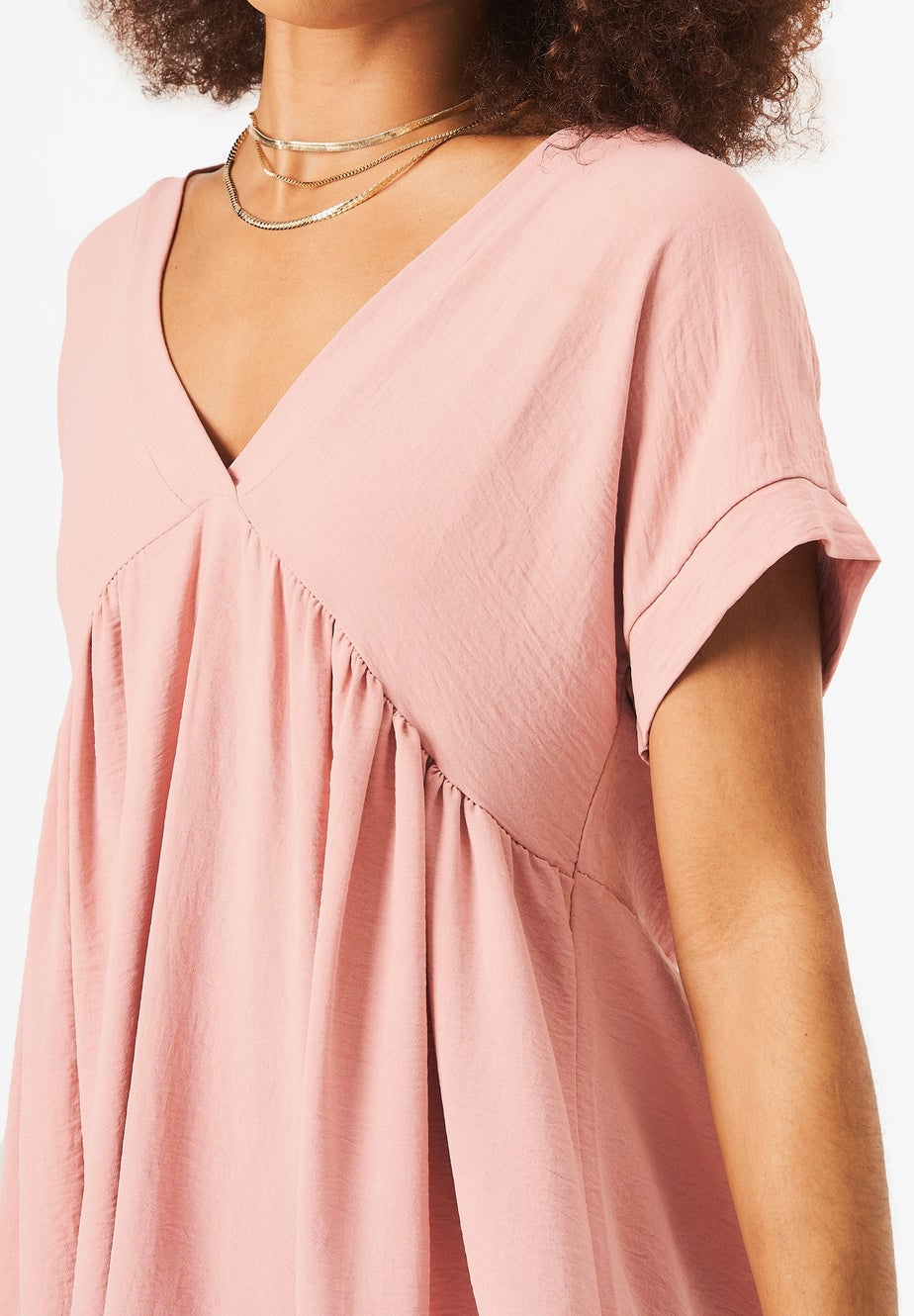 Gini London Beige V-Neck Tiered Mini Smock Dress