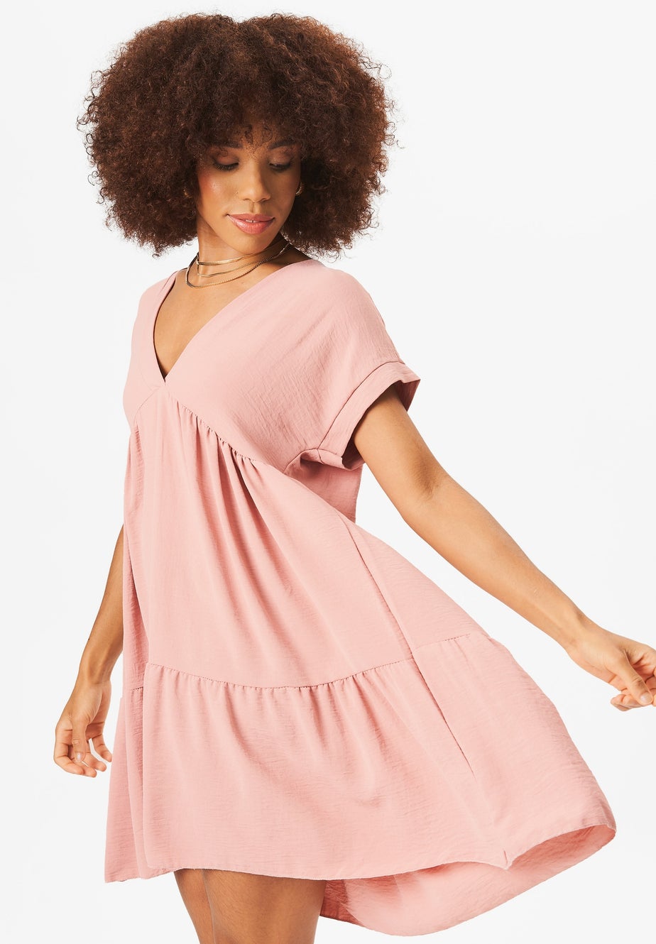 Gini London Beige V-Neck Tiered Mini Smock Dress