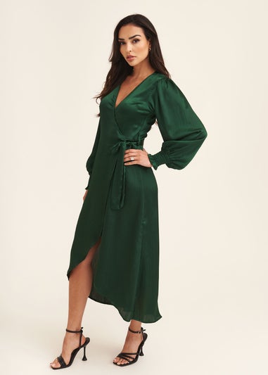 Gini London Green Satin Wrap Midi Dress