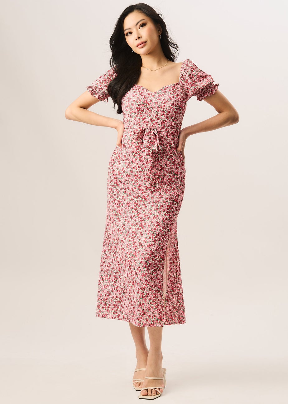 Gini London Red Ditsy Rose Print Belted Midi Dress