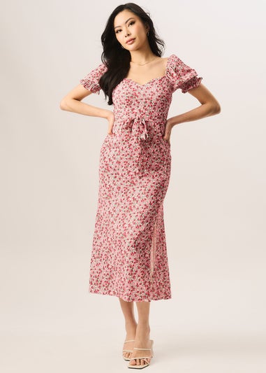 Gini London Red Ditsy Rose Print Belted Midi Dress