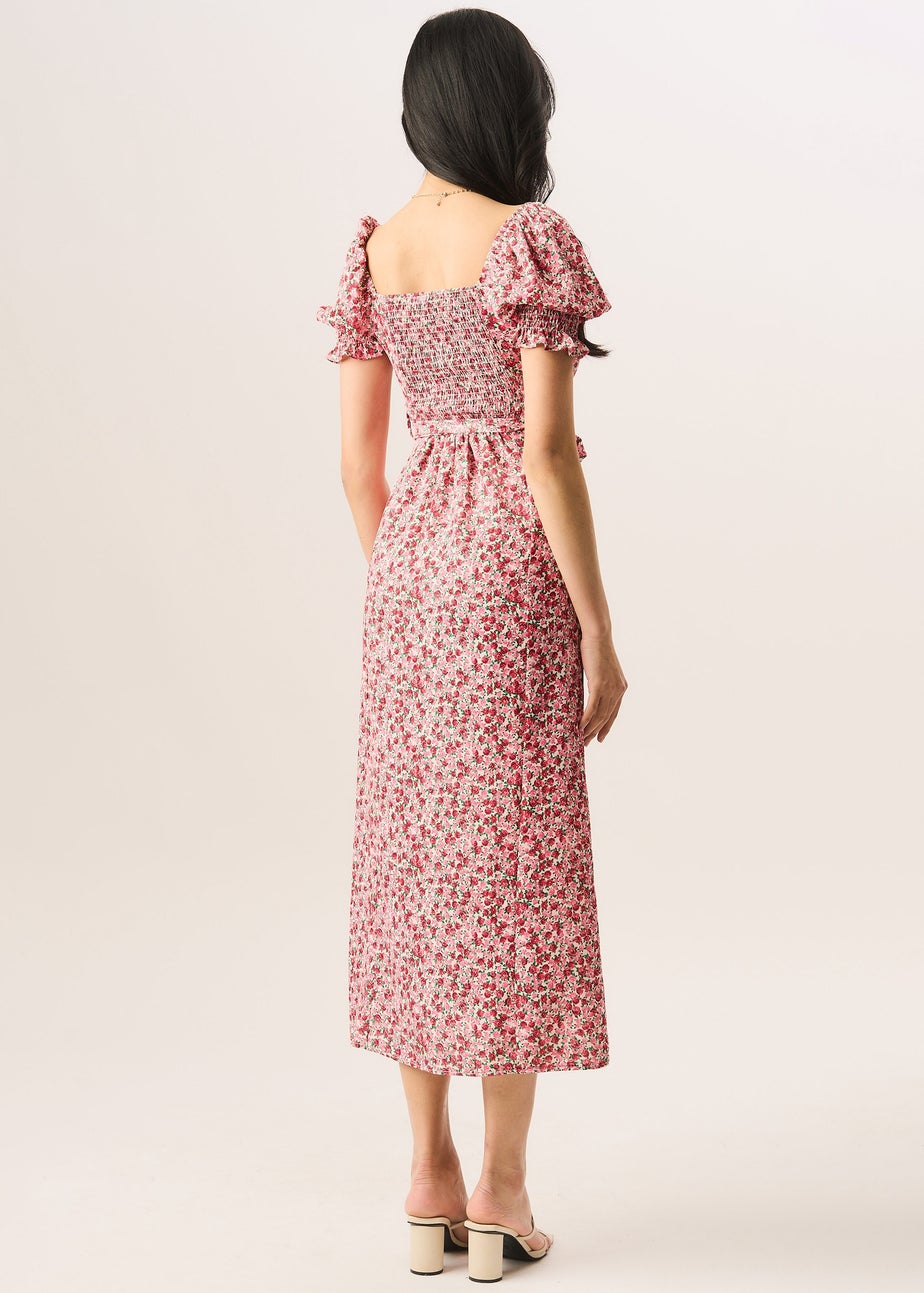 Gini London Red Ditsy Rose Print Belted Midi Dress