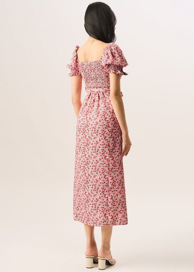 Gini London Red Ditsy Rose Print Belted Midi Dress