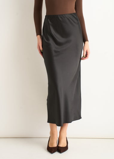 Gini London Black Satin Bias Cut Midi Skirt