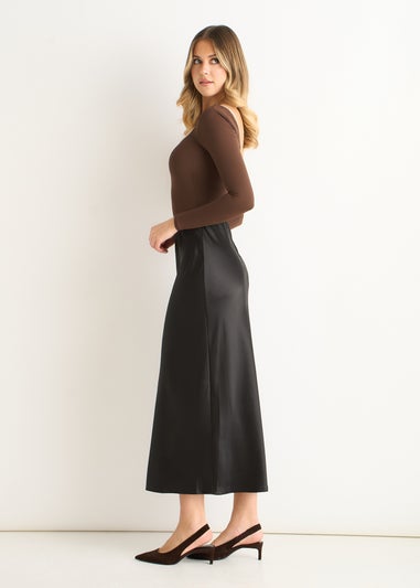 Gini London Black Satin Bias Cut Midi Skirt