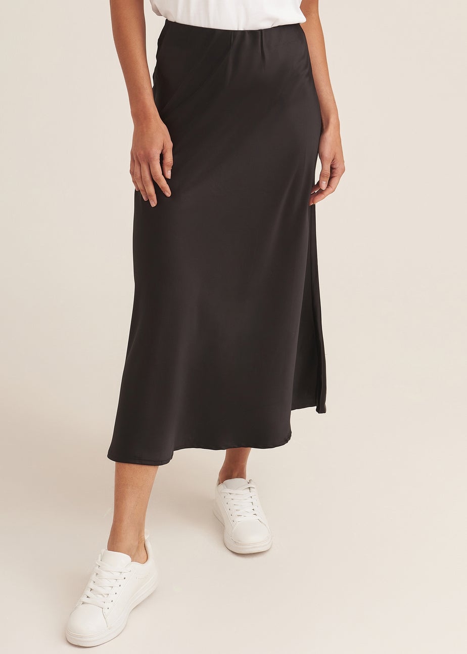 Gini London Black Satin Bias Cut Midi Skirt