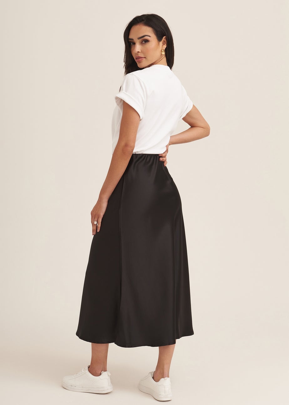 Gini London Black Satin Bias Cut Midi Skirt
