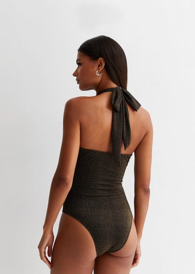 Gini London Twisted Halter Swimsuit In Black And Gold Lurex
