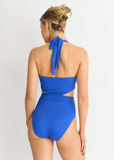 Gini London Cobalt Blue Twisted Cut out Halter Swimsuit