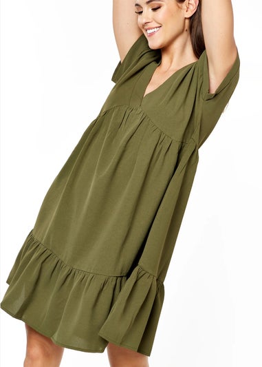 Gini London Khaki V-Neck Tiered Mini Smock Dress