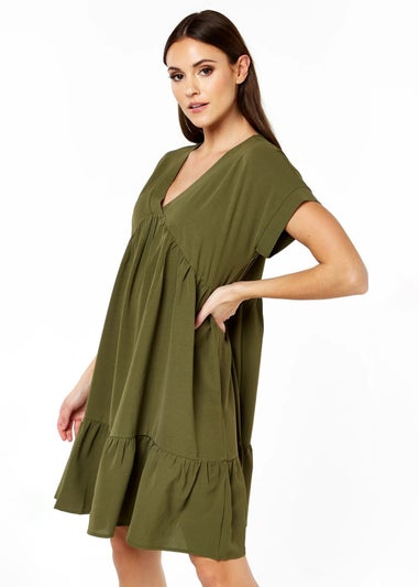 Gini London Khaki V-Neck Tiered Mini Smock Dress