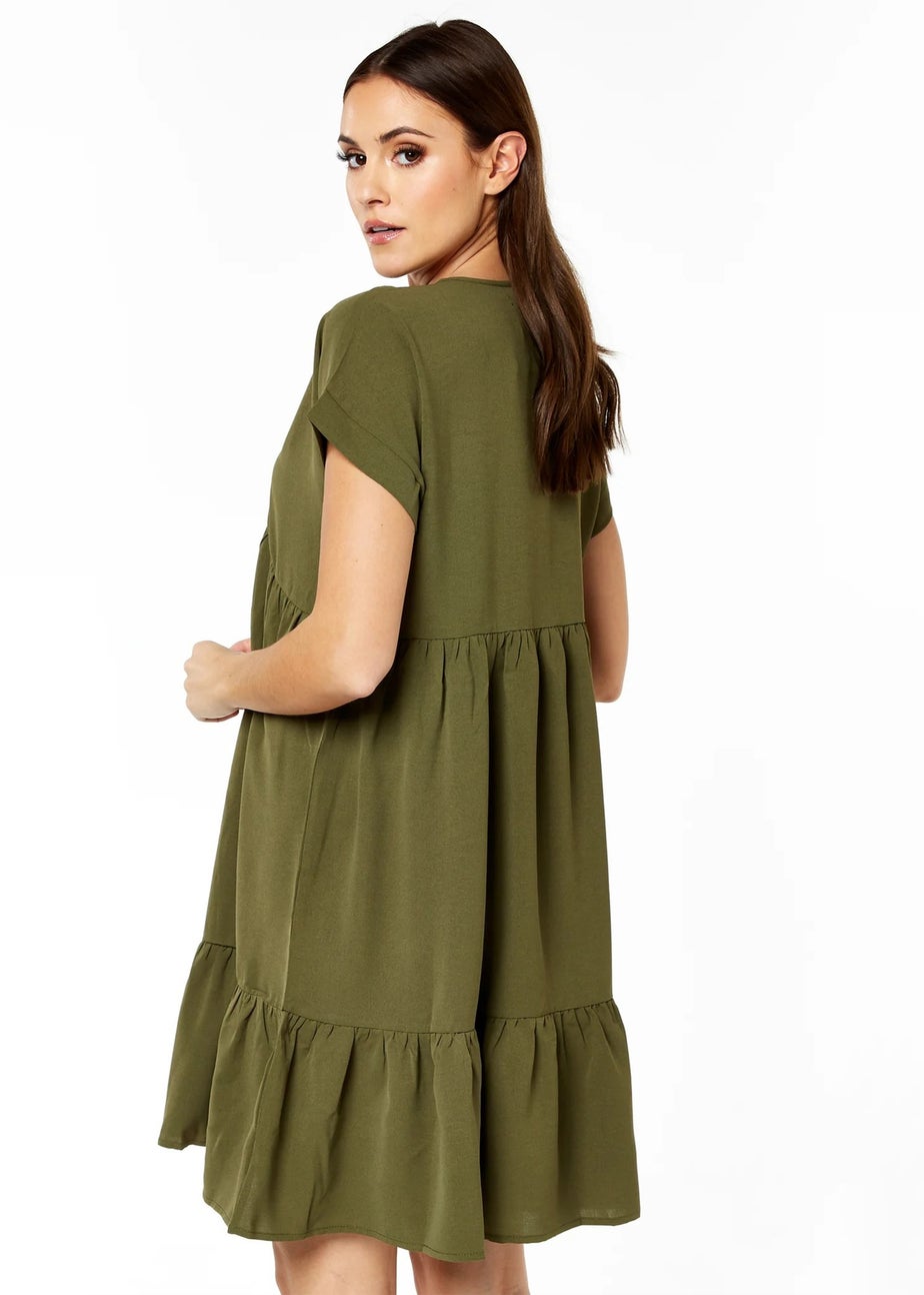 Gini London Khaki V-Neck Tiered Mini Smock Dress