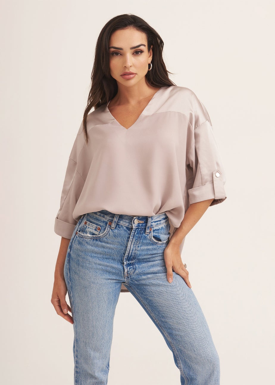 Gini London Gun Metal V Neckline Button Up Oversized Top