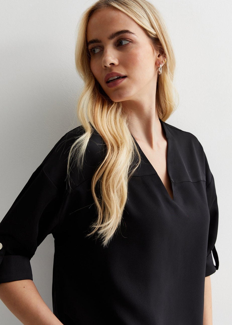Gini London Black V Neckline Button Up Oversized Top