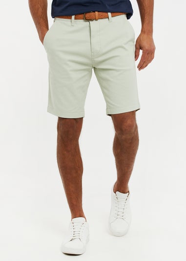 Threadbare Soft Green Cotton Turn-Up Chino Shorts with Woven Belt