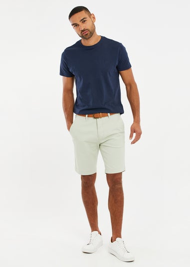Threadbare Soft Green Cotton Turn-Up Chino Shorts with Woven Belt