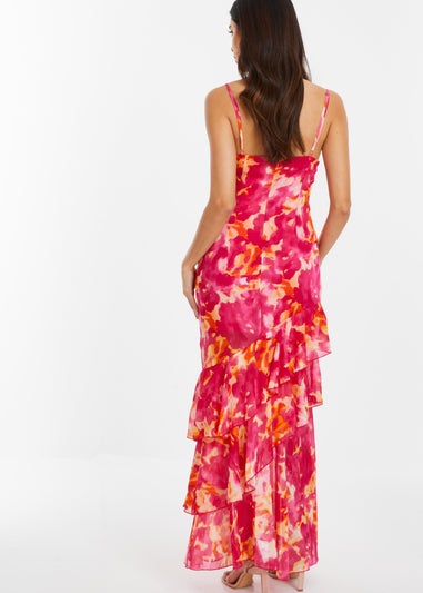 Quiz Pink Abstract Print Chiffon Frill Hem Maxi Dress