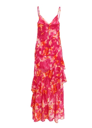Quiz Pink Abstract Print Chiffon Frill Hem Maxi Dress
