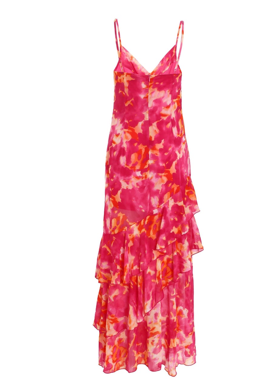 Quiz Pink Abstract Print Chiffon Frill Hem Maxi Dress