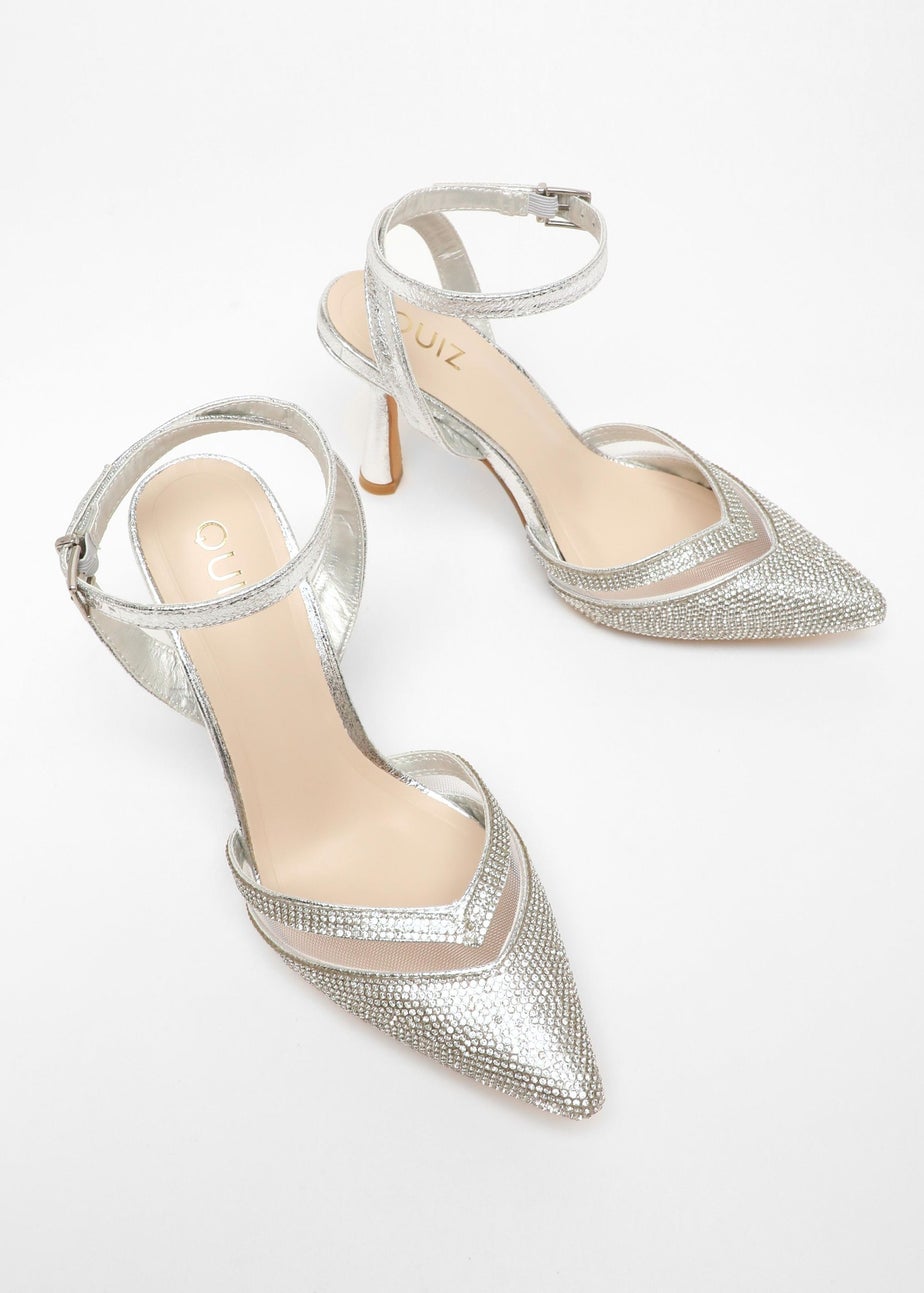 Quiz Silver Diamante Mesh Court Heels