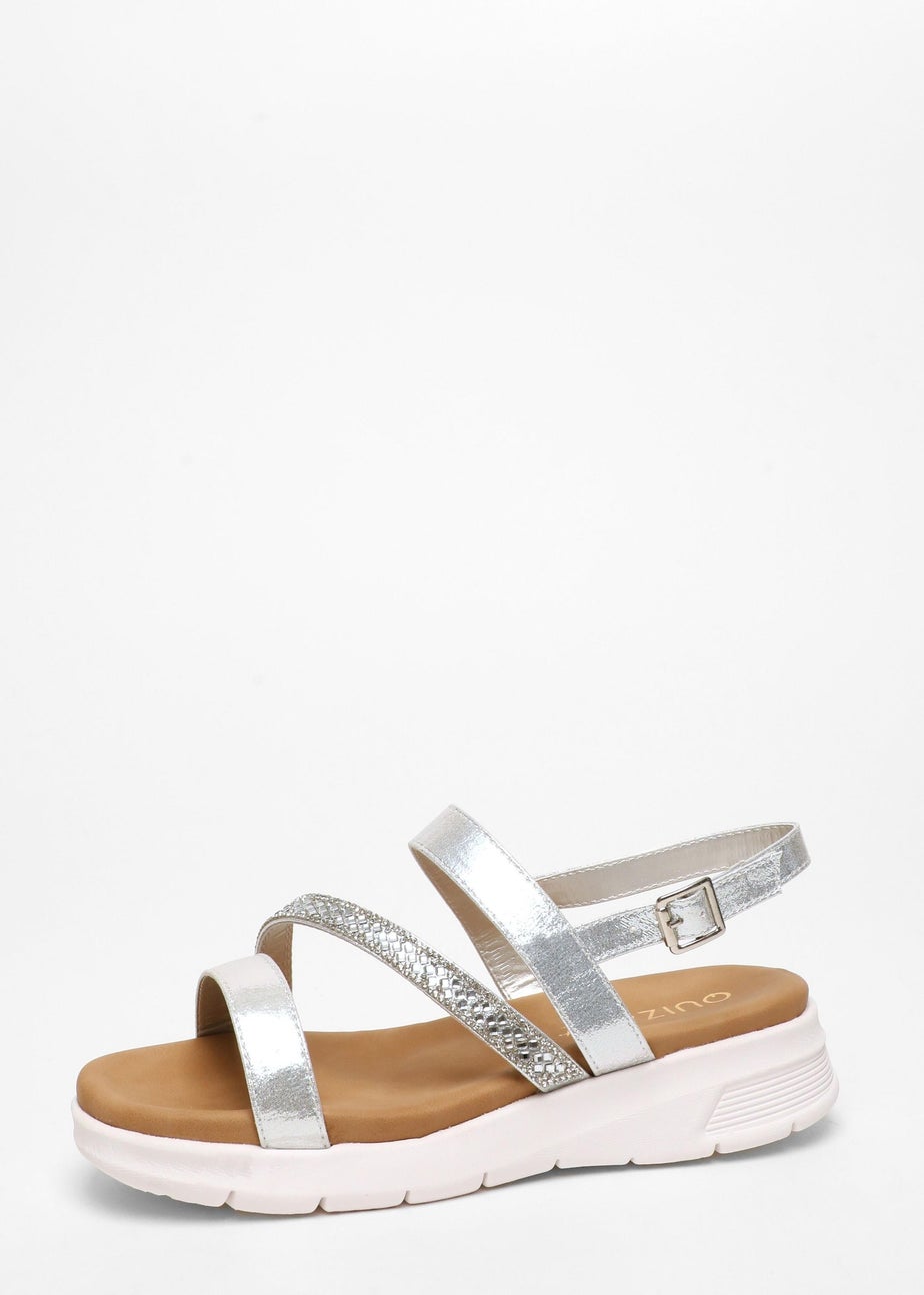 Quiz Silver Wide Fit Asymmetric Diamante Strap Sandals