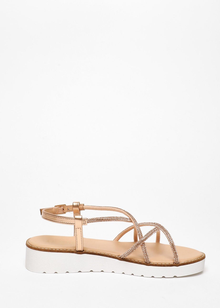 Quiz Rose Gold Diamante Cross Strap Flatform Sandals